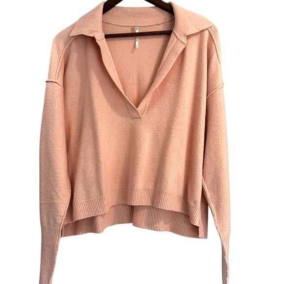 Free People Boxy Reverse Seam V-Neck Collared Sweater Dusty Pink Hi-Low Hem Sz M - Picture 2 of 10